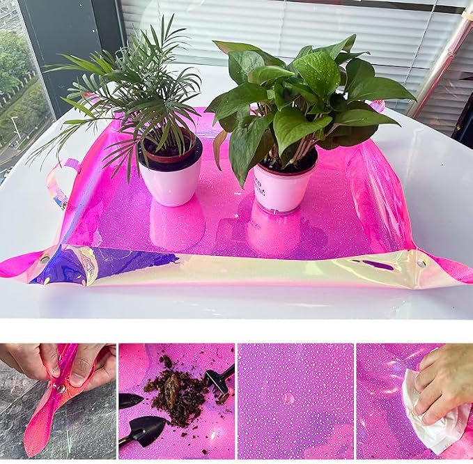 Pink Foldable PVC Plant Repotting Mat with Rectangle Pattern Image 2