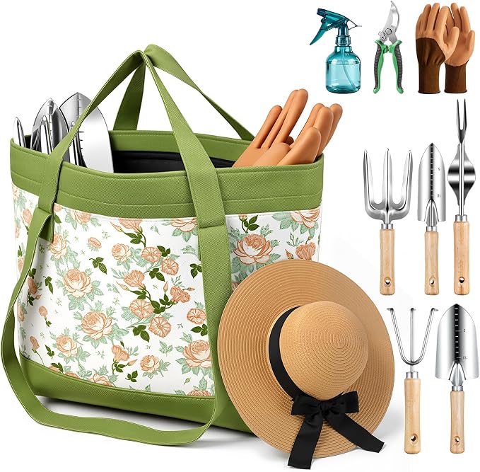 10 Piece Heavy Duty Gardening Gift Set With Floral Organizer Bag